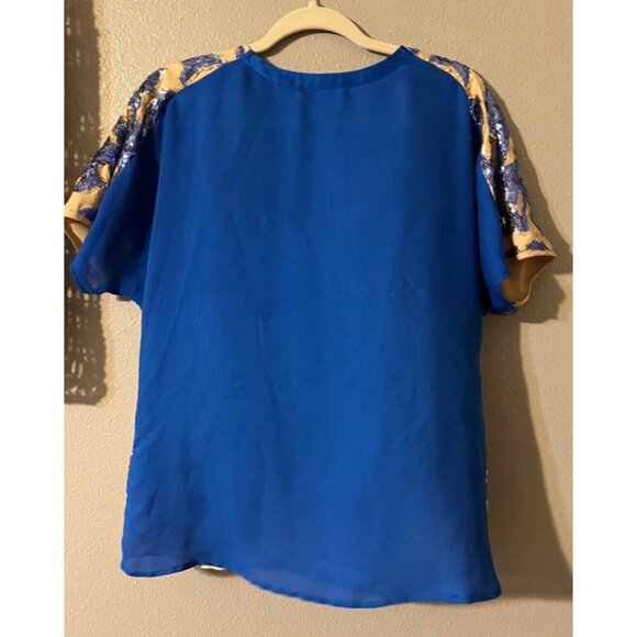 Tracy Reese Neiman Marcus Blue Gold Sequin Top M Medium Holiday Party - Picture 6 of 7